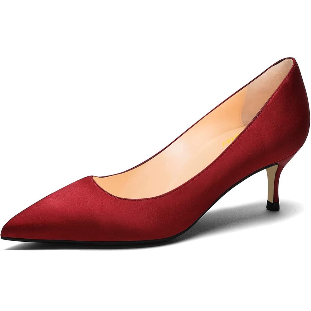 Women Fashion Pointed Toe Slip On Comfort Basic Kitten Heel Pumps Shoes. Satin